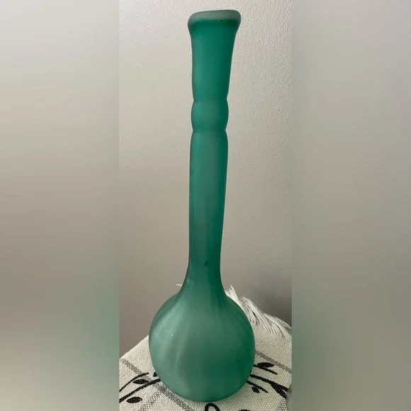 Hand Blown Satin Green Glass  13.25” Tall Vase - Picture 2 of 5